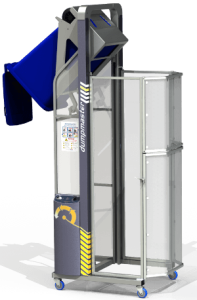 Dumpmaster Electric Bin Lifter with a standard bin positioned for tipping.