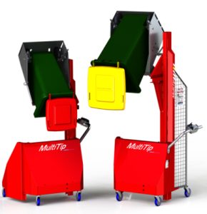 Multi-Tip Electric Bin Lifter positioned beside a large bin ready for tipping.