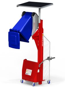Multi-Tip Electric Bin Lifter with adjustable cradle.
