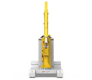 compact hydraulic floor crane lifting industrial equipment in a confined workspace
