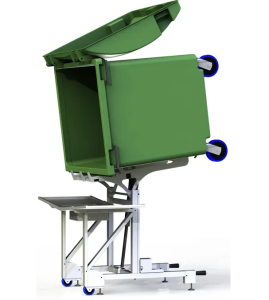 Mobile Wheelie Bin Washer lifting and tipping a 240L bin for ergonomic cleaning